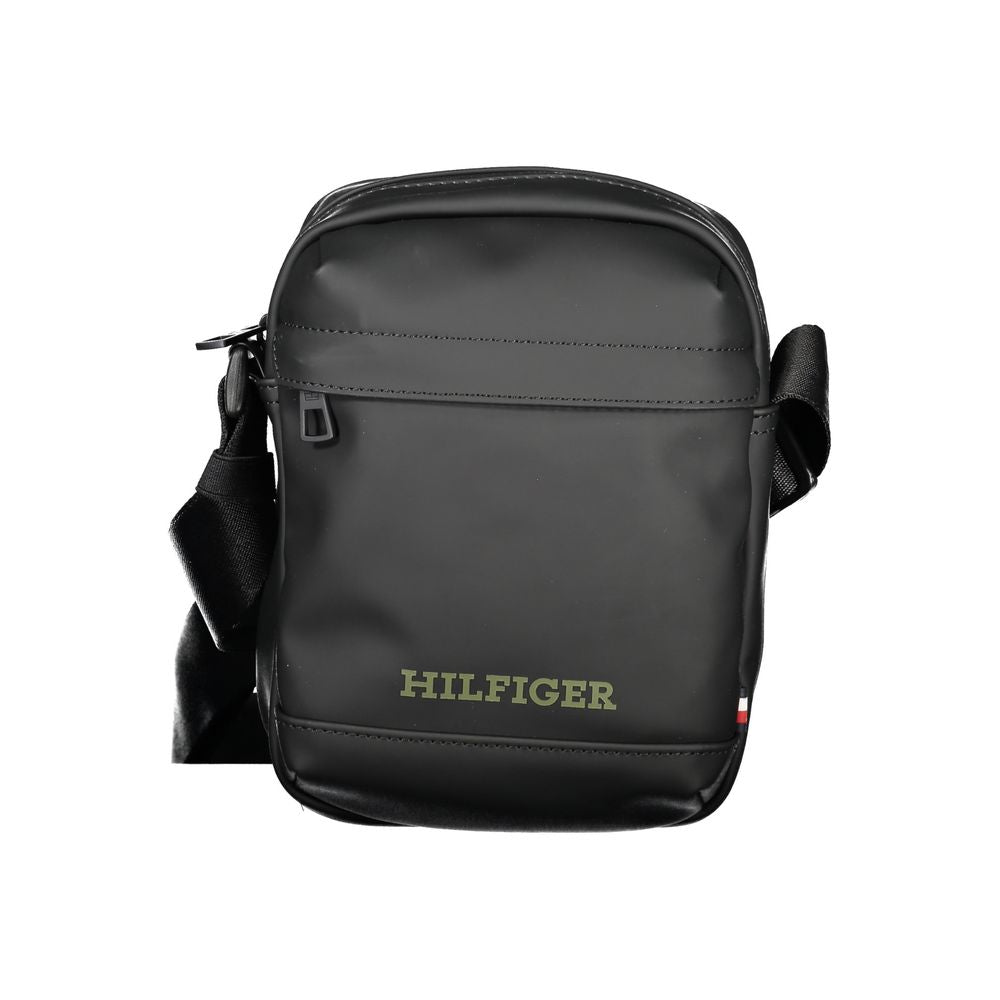 Tommy Hilfiger Black Polyethylene Shoulder Bag with adjustable strap, external pocket, internal pocket, and zip closure logo design.