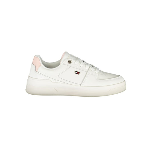 Tommy Hilfiger Elegant White Lace-Up Sneakers with Contrast Detail showing side view and logo