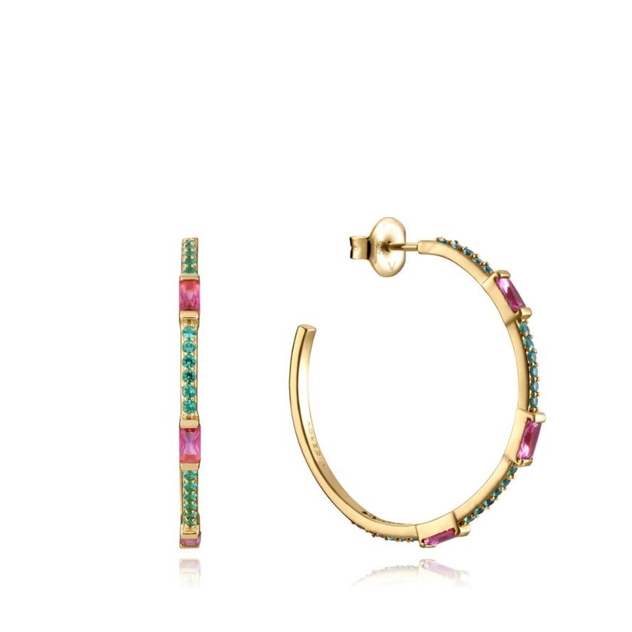 VICEROY JEWELS Mod. 13173E100-39 earrings in gold with pink and green gemstones, stylish hoop design for ladies, elegant jewelry.