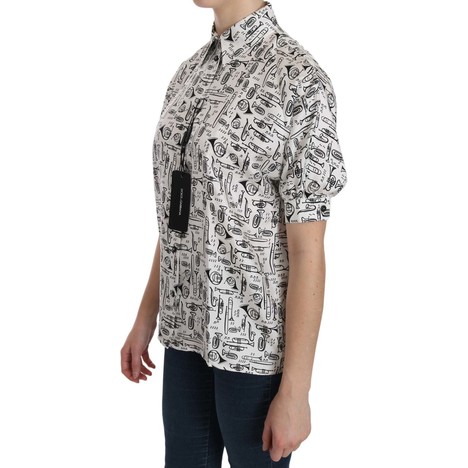Dolce & Gabbana White Musical Instrument Collared Blouse  Shirt
