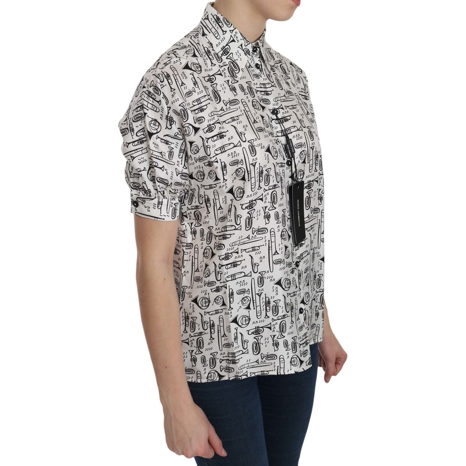 Dolce & Gabbana White Musical Instrument Collared Blouse  Shirt