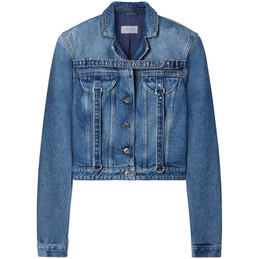 Off White Crop Denim Jacket With Belt OWYE048F23DEN0014500