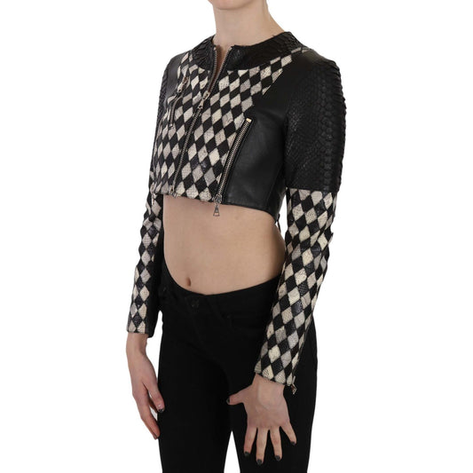 John Richmond Black White Leather Short Cropped Biker Jacket Coat TSH3270-38