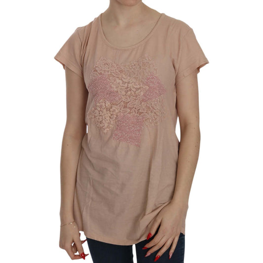 PINK MEMORIES Pink Cream Lace Short Sleeve Shirt Top Cotton Blouse TSH3906-44