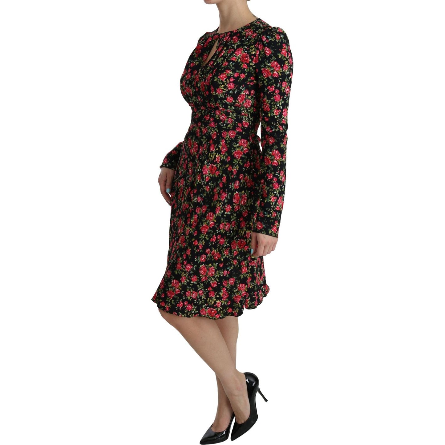 Dolce & Gabbana Black Floral Longsleeve Knee Length Dress DR2088-38