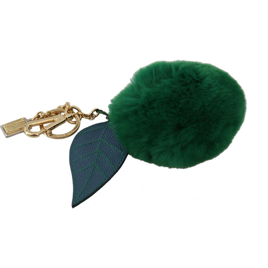 Dolce & Gabbana Green Leather Fur Gold Clasp Keyring Women Keychain SMYK1000