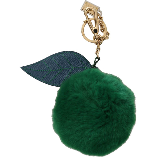 Dolce & Gabbana Green Leather Fur Gold Clasp Keyring Women Keychain SMYK1000