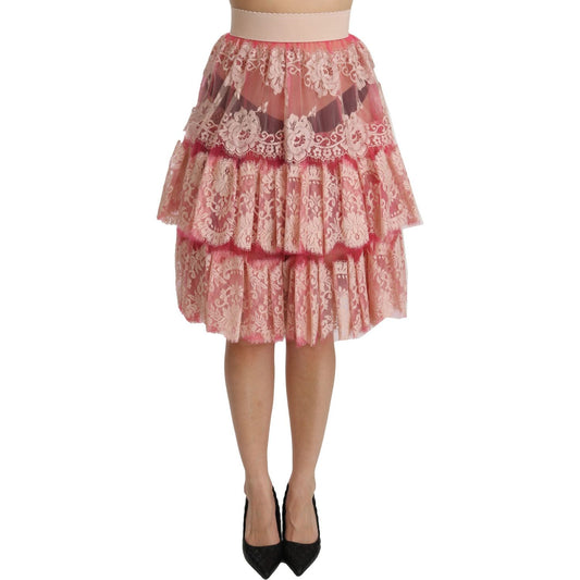 Dolce & Gabbana Pink Lace Layered High Waist Knee Length Skirt SKI1346-40