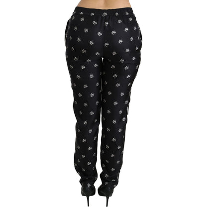 Dolce & Gabbana Black Printed Mid Waist Skinny Silk Pants Jeans & Pants