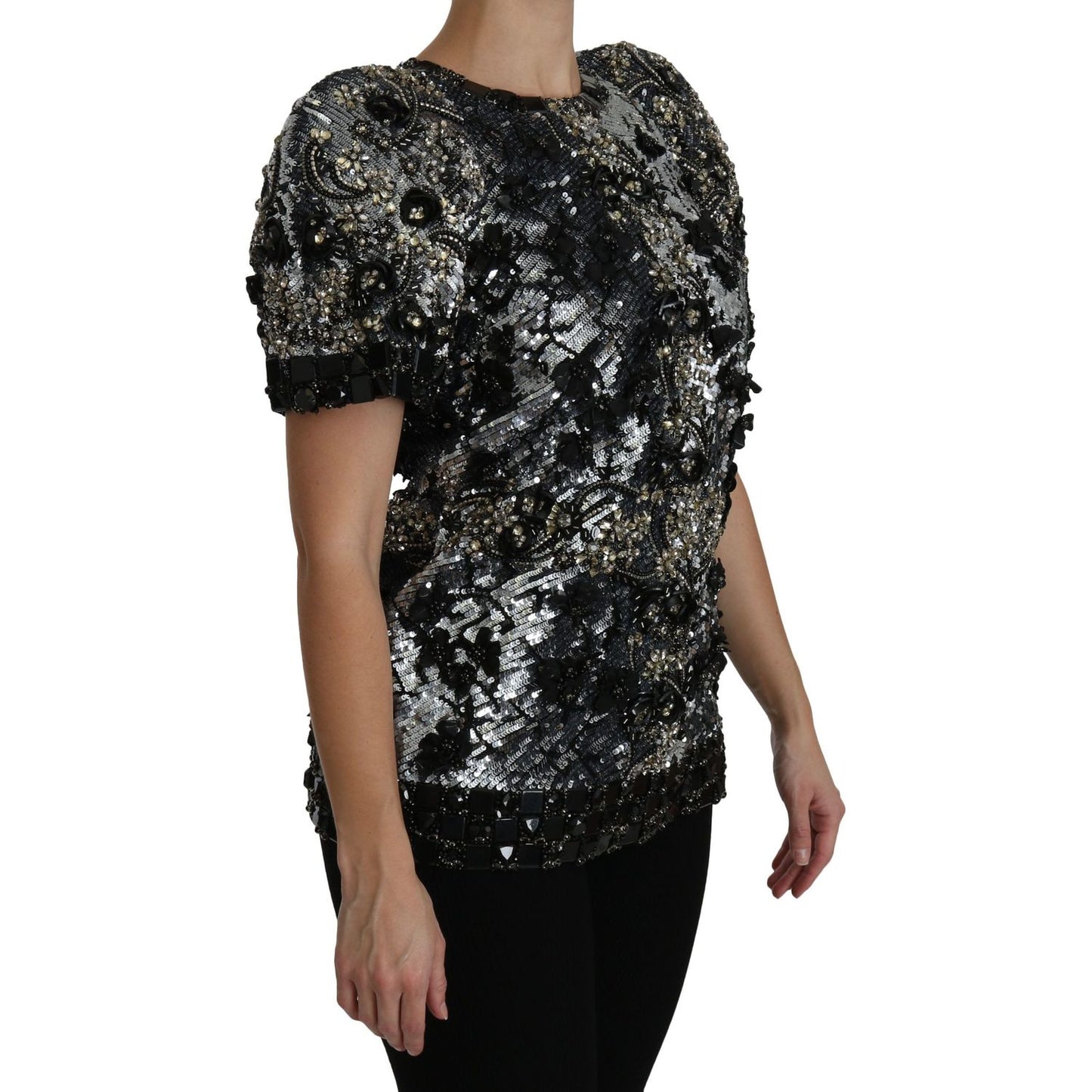 Dolce & Gabbana Black Sequined Crystal Embellished Top Blouse TSH4227-38
