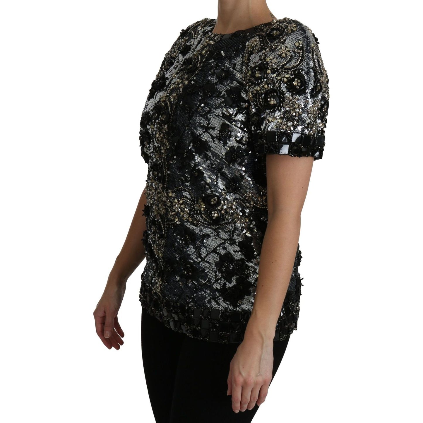Dolce & Gabbana Black Sequined Crystal Embellished Top Blouse TSH4227-38