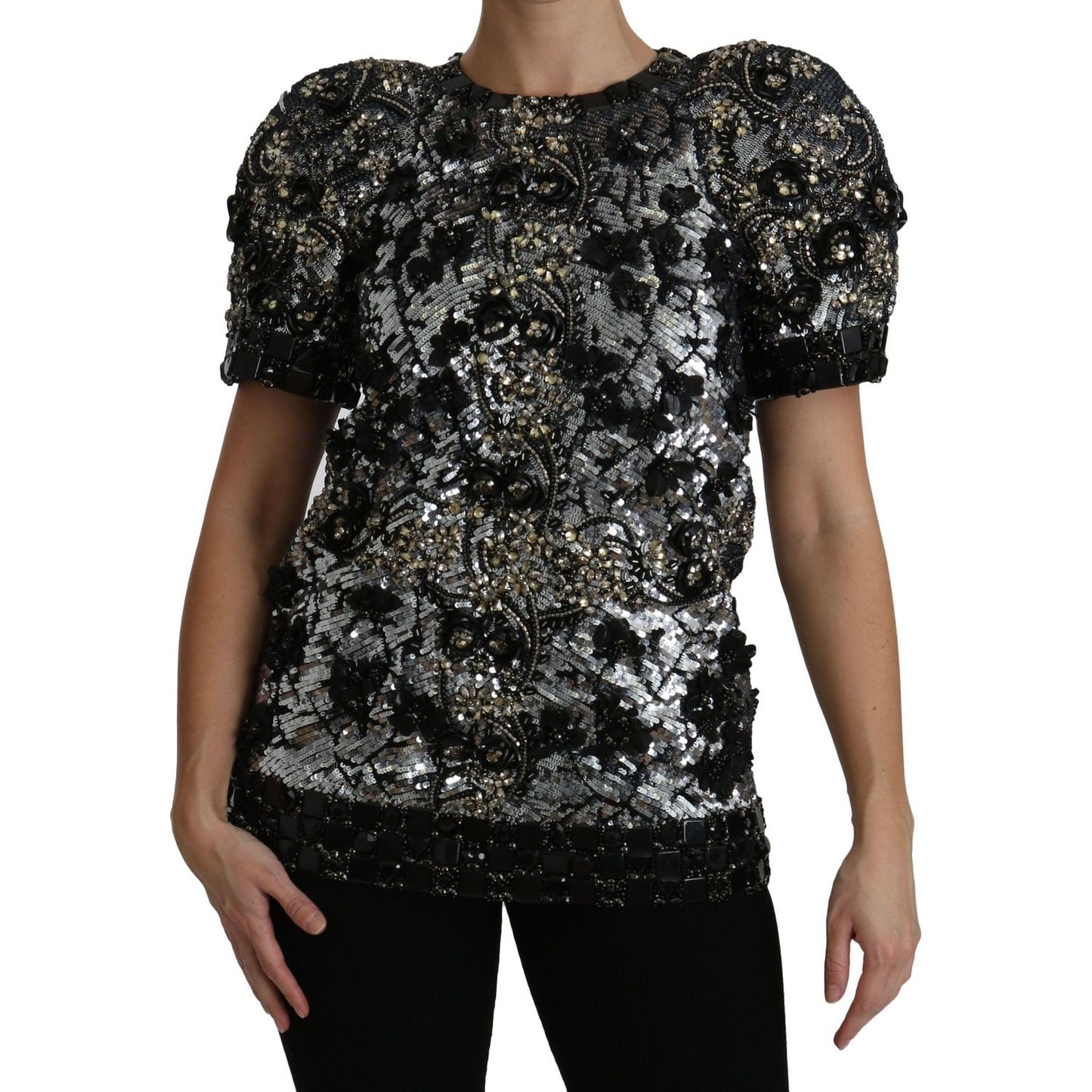 Dolce & Gabbana Black Sequined Crystal Embellished Top Blouse TSH4227-38
