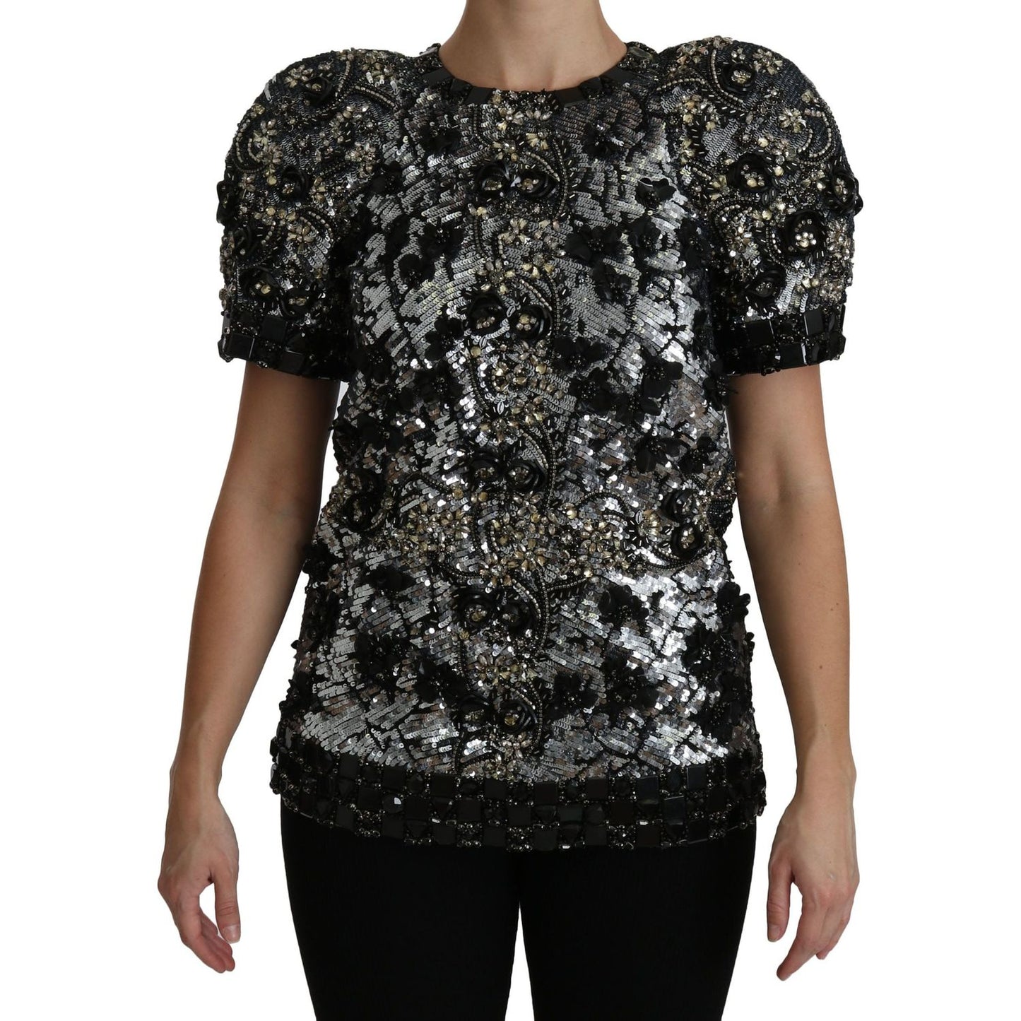 Dolce & Gabbana Black Sequined Crystal Embellished Top Blouse TSH4227-38