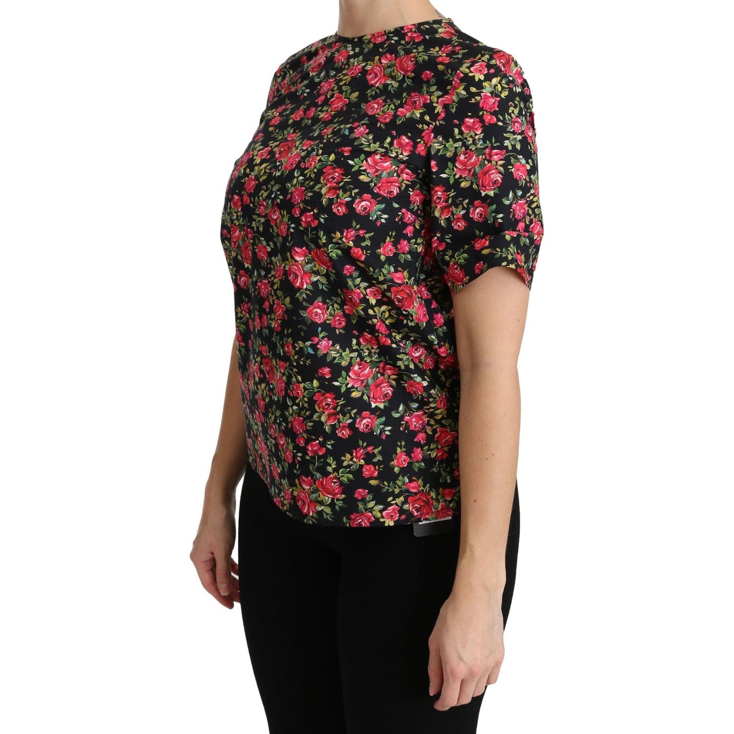Dolce & Gabbana Black Floral Roses Short Sleeve Top Blouse TSH4267-38