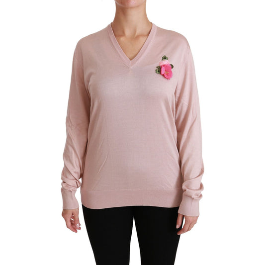 Dolce & Gabbana Pink Floral Embellished Pullover Silk Sweater TSH4453-36