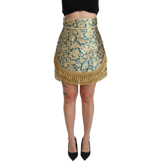 Dolce & Gabbana Blue High Waist Jacquard Tassel Gold Skirt SKI1425-38