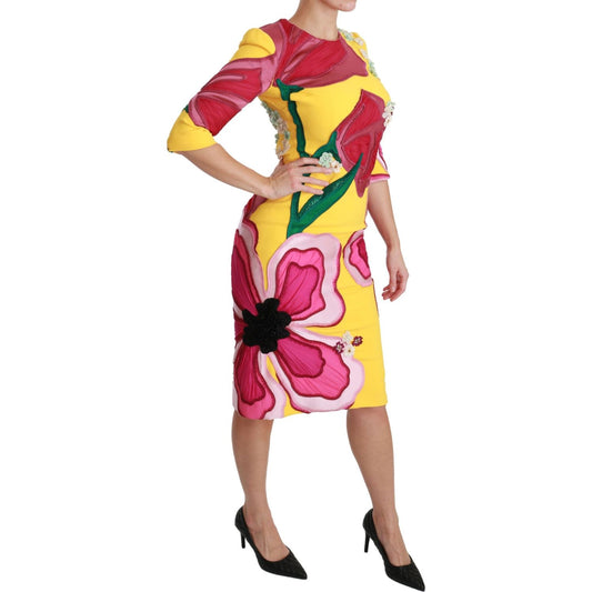 Dolce & Gabbana Yellow Floral Crystal Bodycon Sheath Dress DR2522-40