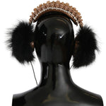 Dolce & Gabbana Gold Black Crystal Fur Headset Audio Headphones SMY3042