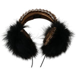 Dolce & Gabbana Gold Black Crystal Fur Headset Audio Headphones SMY3042