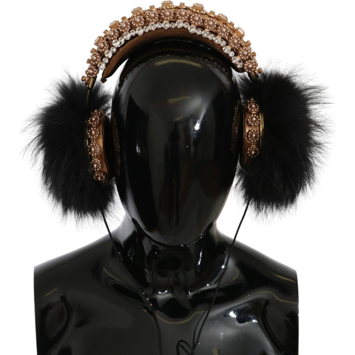 Dolce & Gabbana Gold Black Crystal Fur Headset Audio Headphones SMY3042