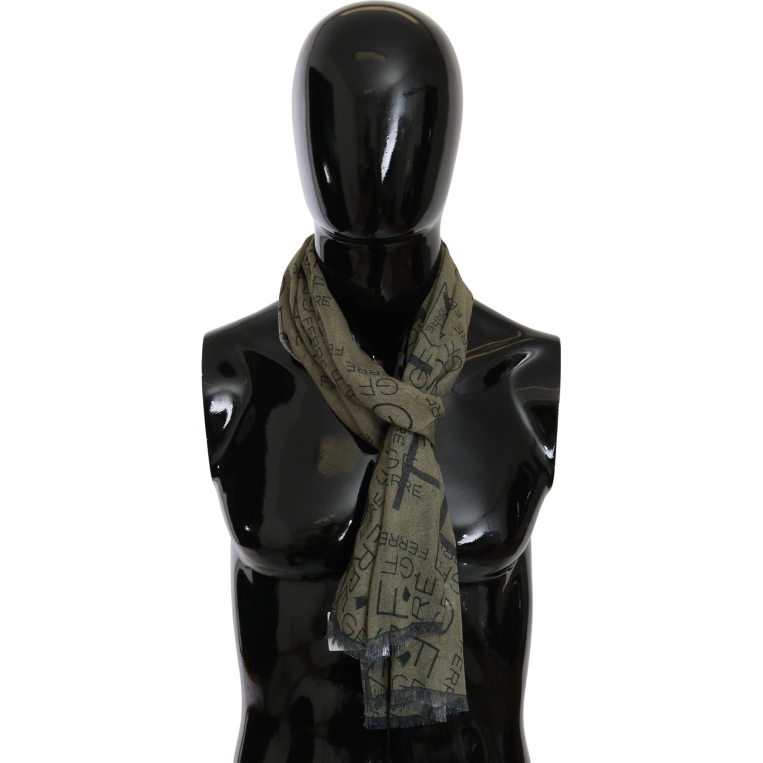 GF Ferre Green Wool Viscose Foulard Patterned Branded Scarf