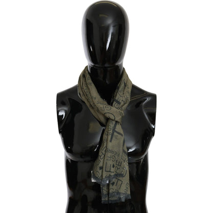 GF Ferre Green Wool Viscose Foulard Patterned Branded Scarf