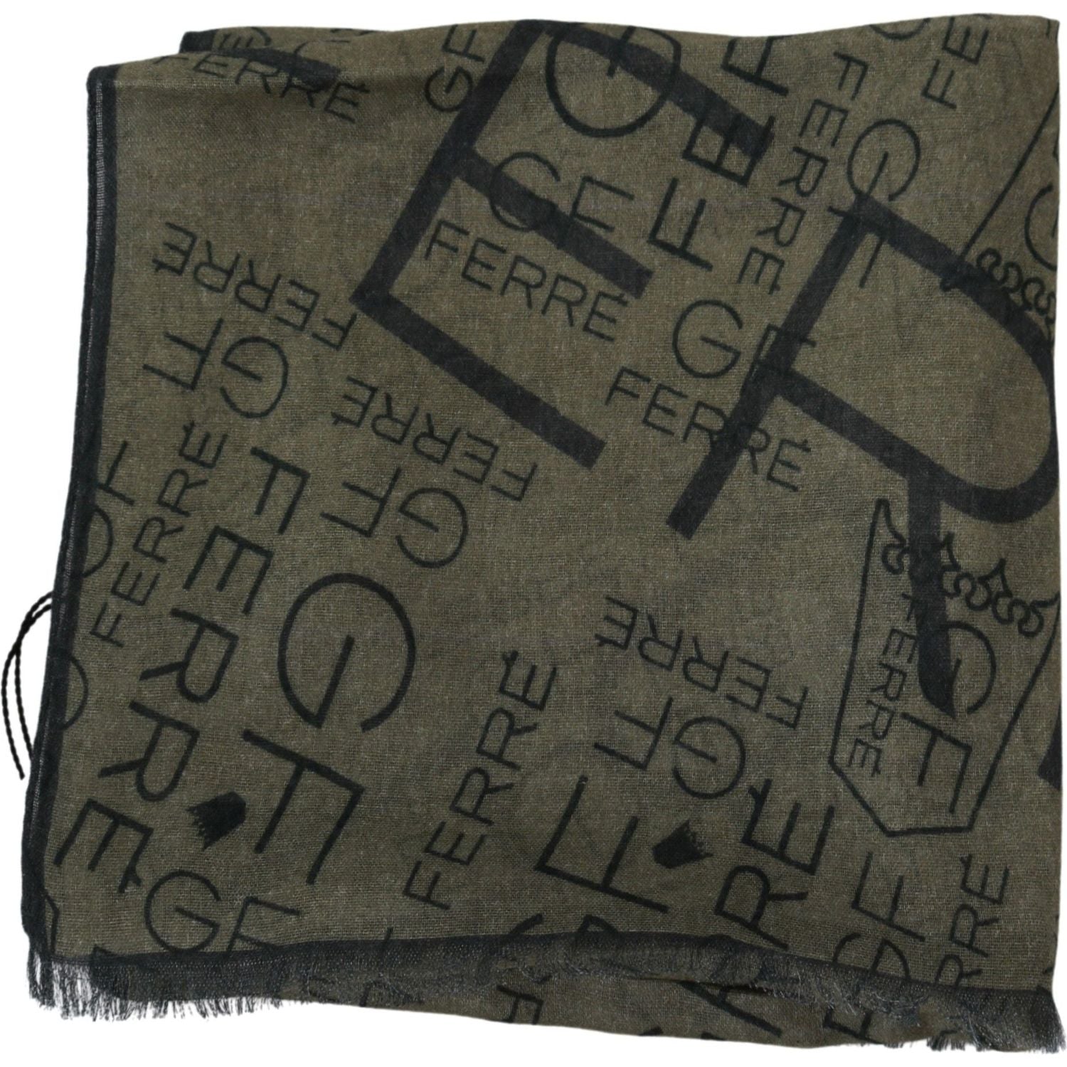 GF Ferre Green Wool Viscose Foulard Patterned Branded Scarf
