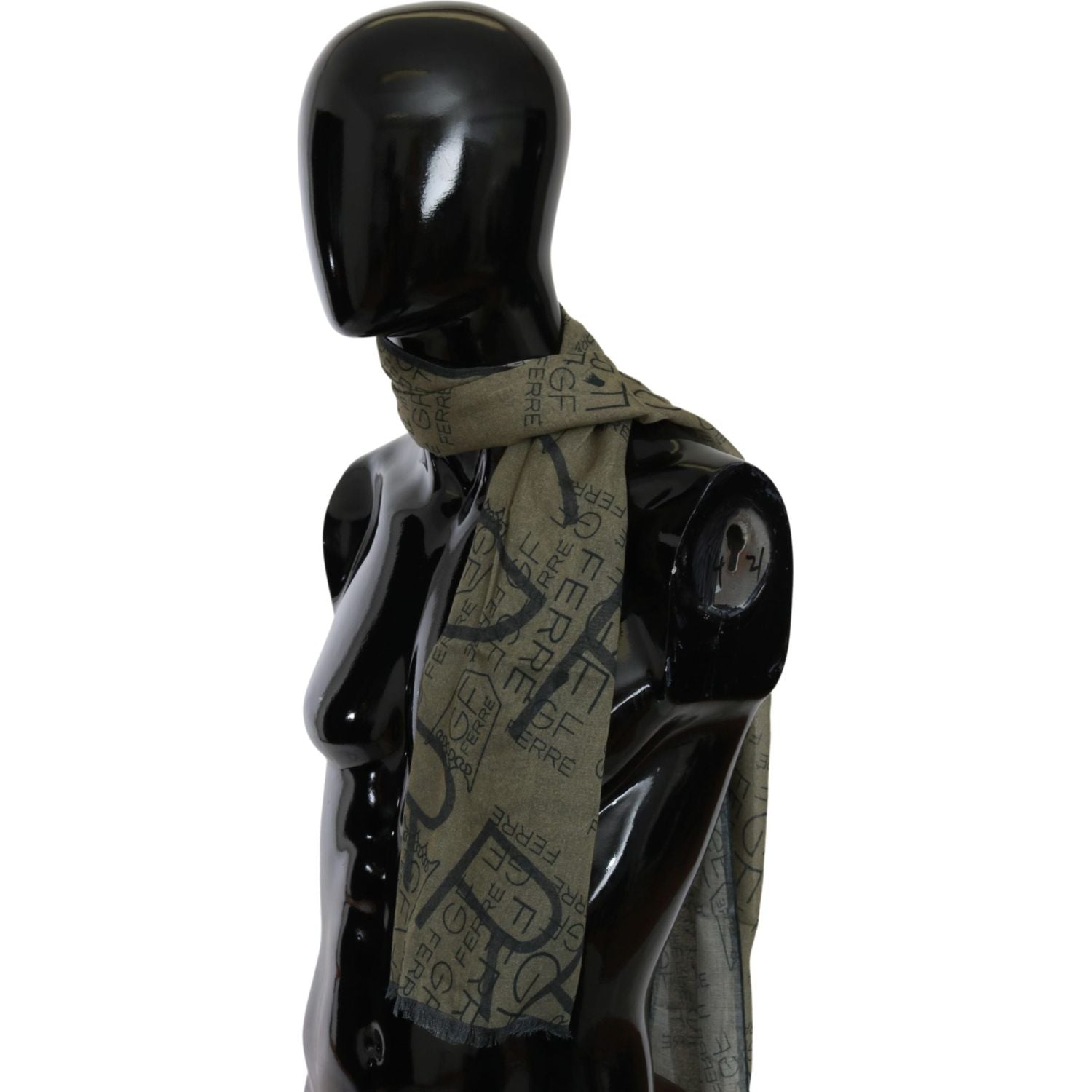GF Ferre Green Wool Viscose Foulard Patterned Branded Scarf