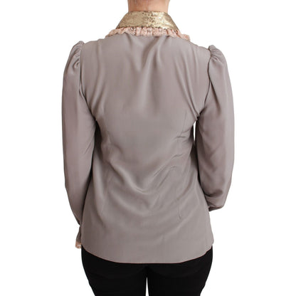 Dolce & Gabbana Gray Silk Gold Sequin Lace Blouse Shirt