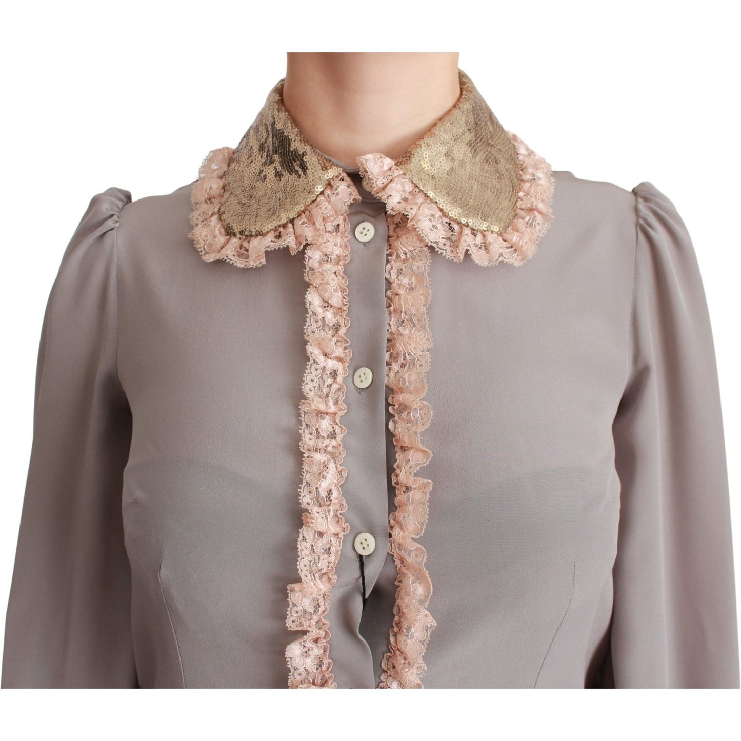 Dolce & Gabbana Gray Silk Gold Sequin Lace Blouse Shirt TSH4664-44