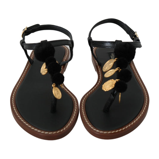 Dolce & Gabbana Black Leather Coins Flip Flops Sandals Shoes LA6577-35