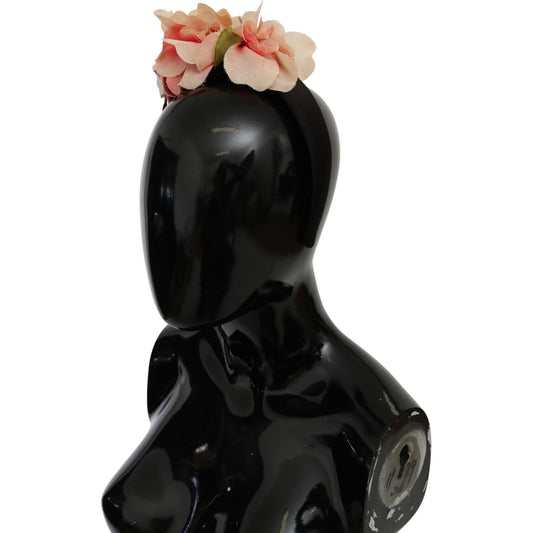 Dolce & Gabbana Pink Silk Black Floral Headband Logo Diadem SMY100152