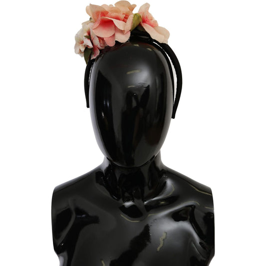 Dolce & Gabbana Pink Silk Black Floral Headband Logo Diadem SMY100152