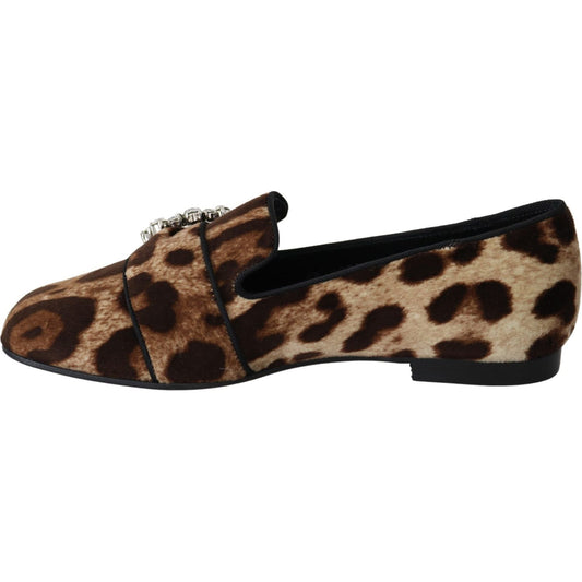 Dolce & Gabbana Brown Leopard Print Crystals Loafers Flats Shoes LA8150-35