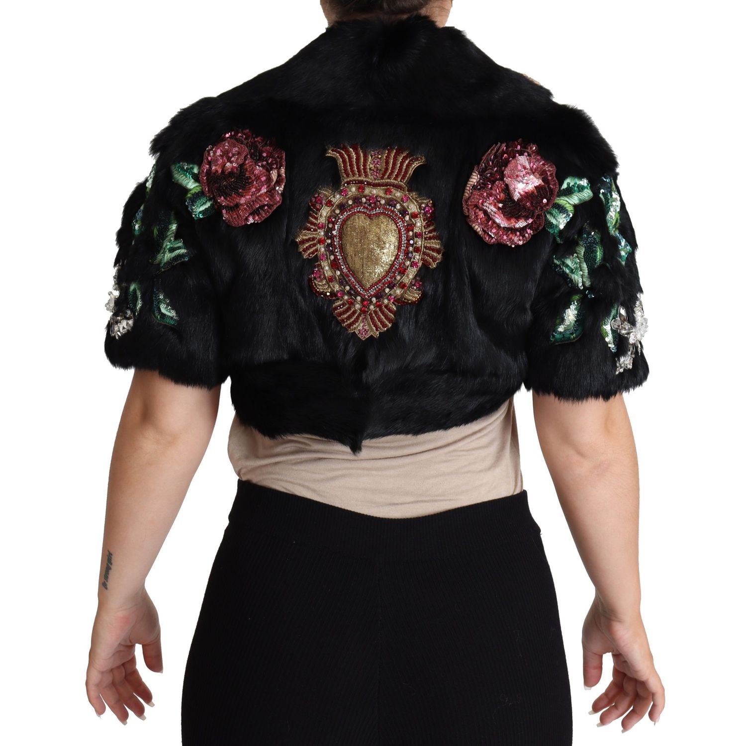 Dolce & Gabbana Black Rabbit Fur Crystals Sequin Coat