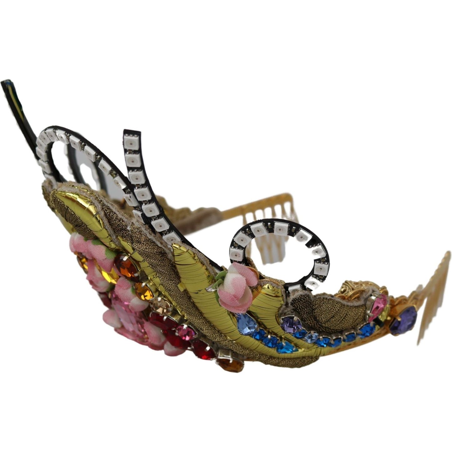 Dolce & Gabbana Gold Brass Floral Crystals LED Lights Crown Tiara Diadem SMY100466