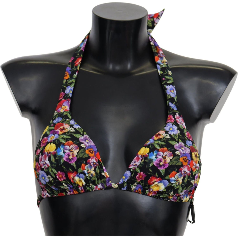 Dolce & Gabbana Black Floral Print Swimsuit Beachwear Bikini Tops BIK1263-IT1