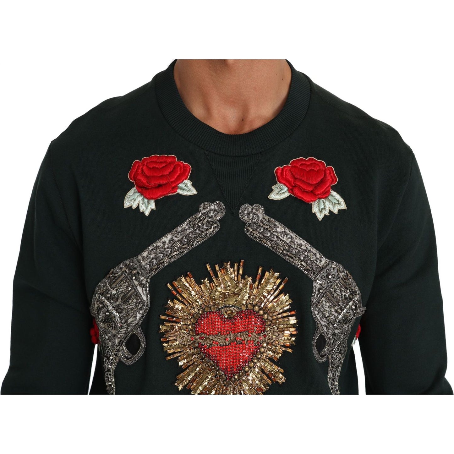 Dolce & Gabbana Green Crystal Heart Roses Gun Sweater TSH2519-46