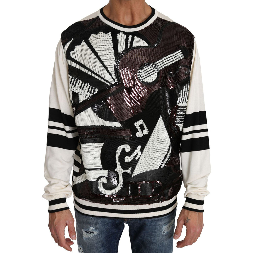 Dolce & Gabbana White Jazz Sequined Guitar Pullover Top Sweater TSH2521-IT44