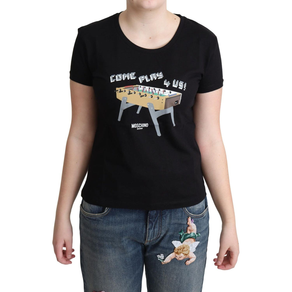 Moschino Chic Black Cotton Tee with Playful Print Moschino Tan