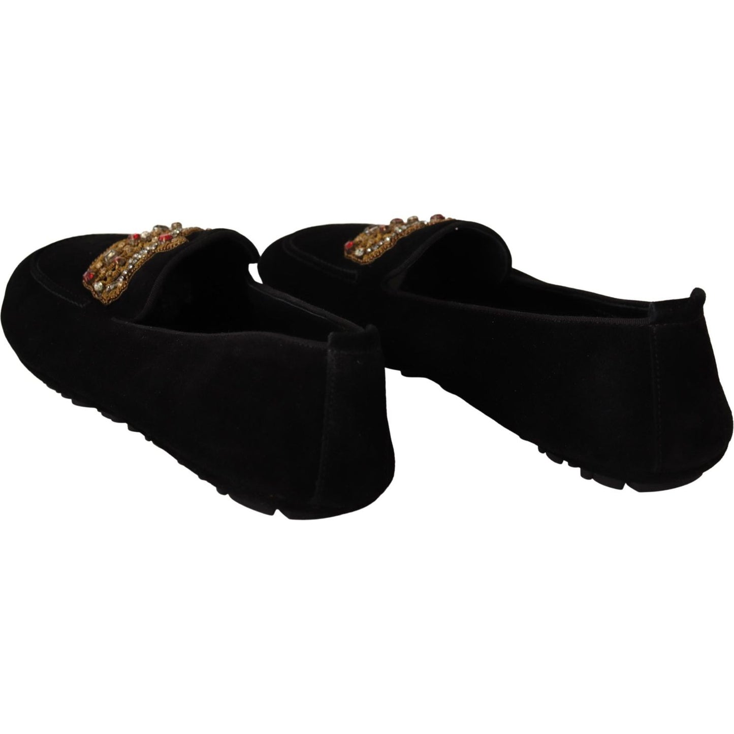Dolce & Gabbana Black Leather Crystal Gold Crown Loafers Shoes MV3967-39