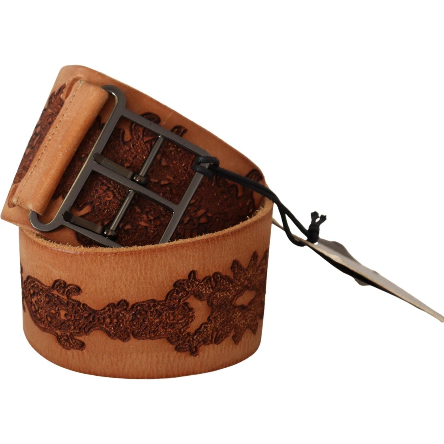 Scervino Street Brown Genuine Leather Black Logo Buckle Belt