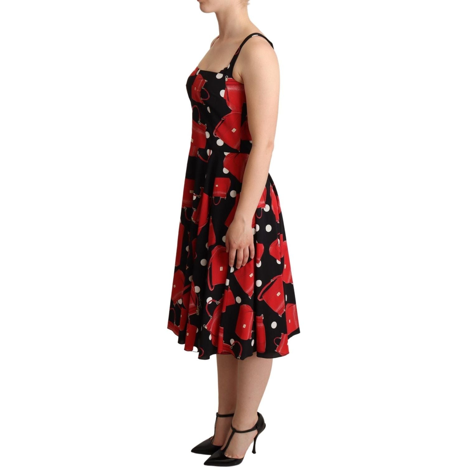 Dolce & Gabbana Black Red Bag Print A-line Mid Length Dress