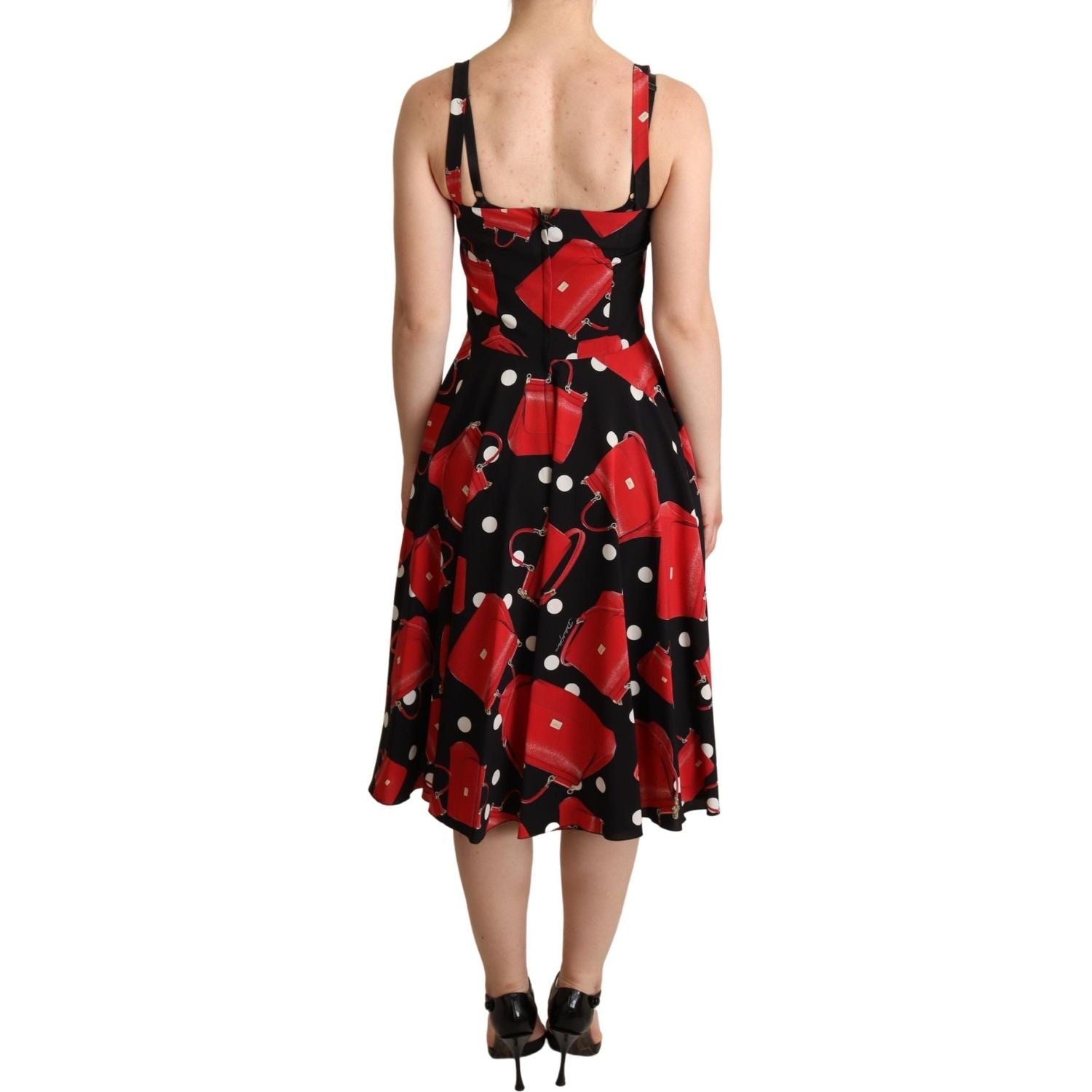 Dolce & Gabbana Black Red Bag Print A-line Mid Length Dress