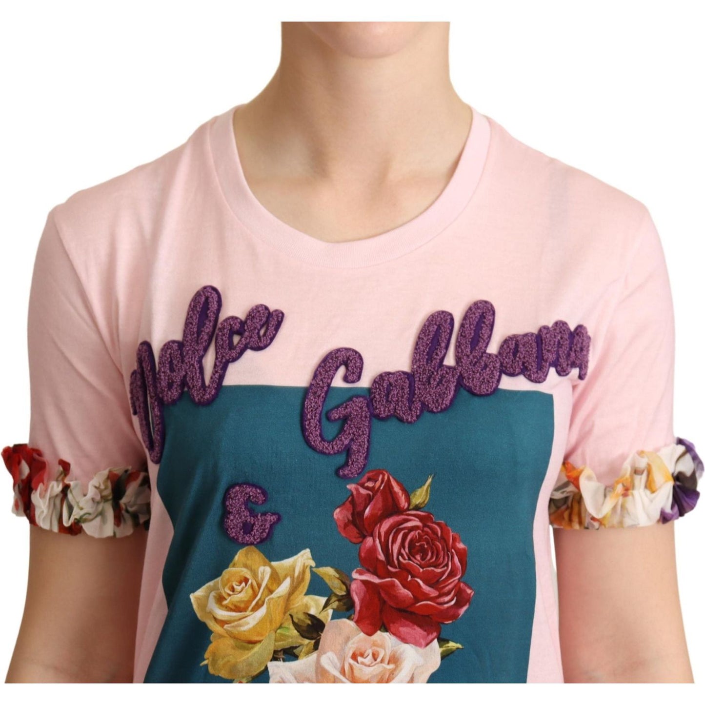 Dolce & Gabbana Pink Cotton Floral Roses Crewneck T-shirt TSH6307-36