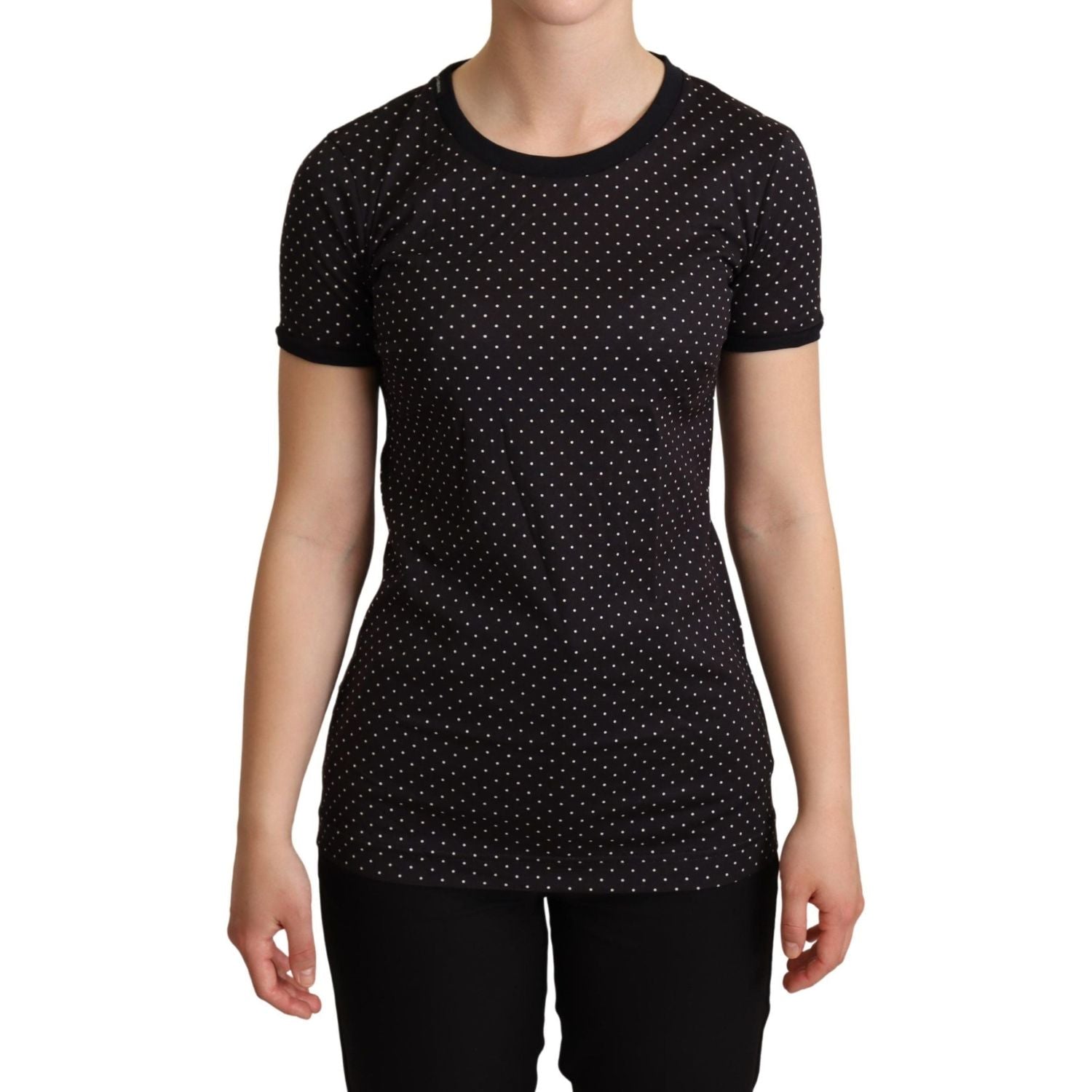 Dolce & Gabbana Black Dotted Crewneck  Cotton T-shirt