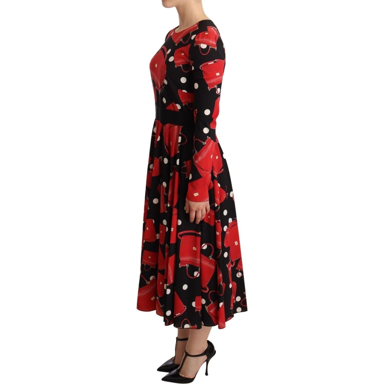 Dolce & Gabbana Black Sicily Bag Print Flared Midi Dress