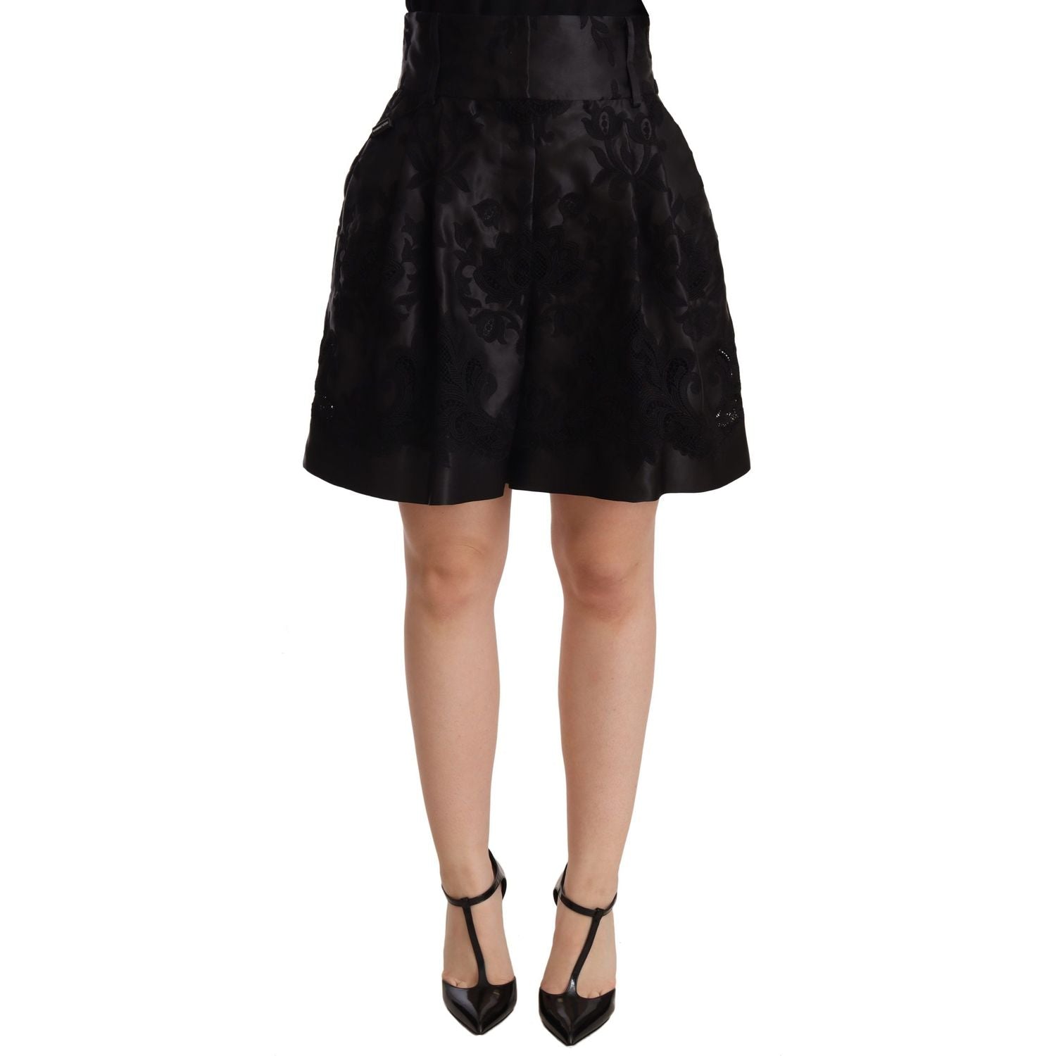 Dolce & Gabbana Black Floral Brocade High Waist Mini Shorts