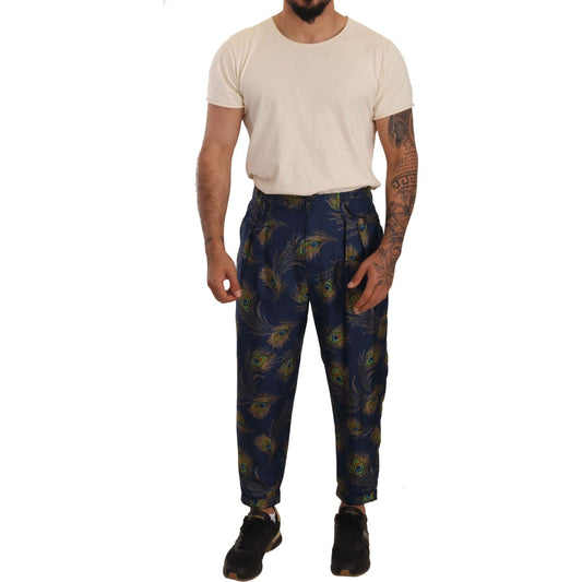 Dolce & Gabbana Blue Peacock Print Tapered Trousers Silk Pants PAN71985 -48