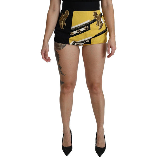 Dolce & Gabbana Yellow Black Cotton Jewelled Hot Pants Shorts SKI1394- 38